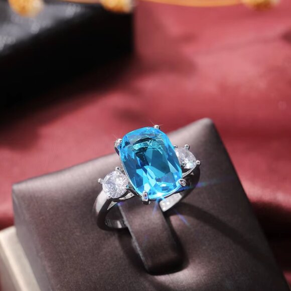 NEW 14k White Gold Blue Sapphire Diamond Ring Oval Cut Ring - Picture 5 of 6